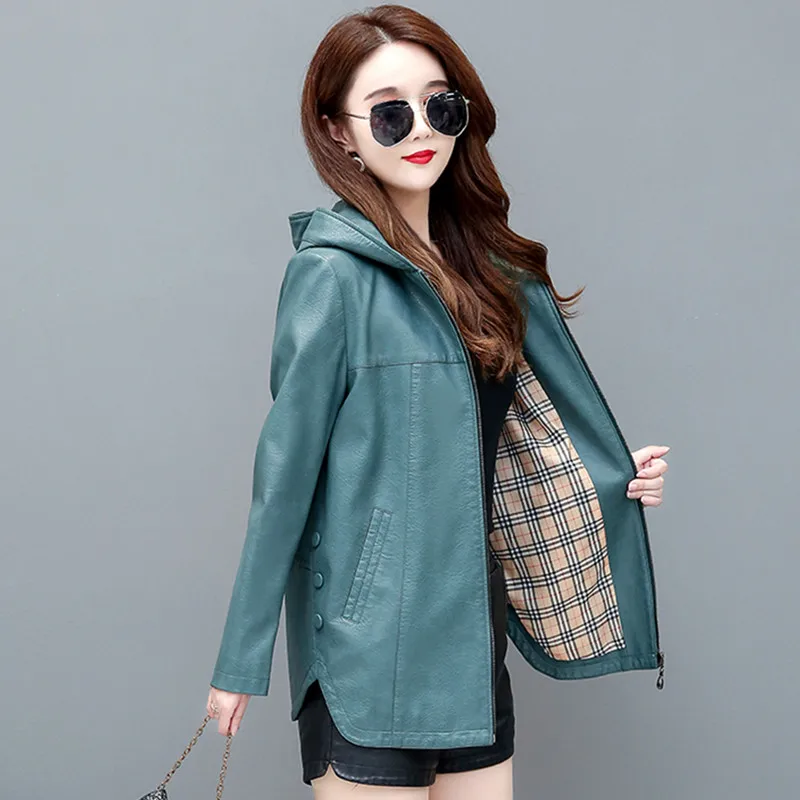 L-5XL New Woman Hooded Sheepskin Jacket Spring Autumn Fashion Casual Loose Mid-length Outerwear Split Leather Tops Coat Female
