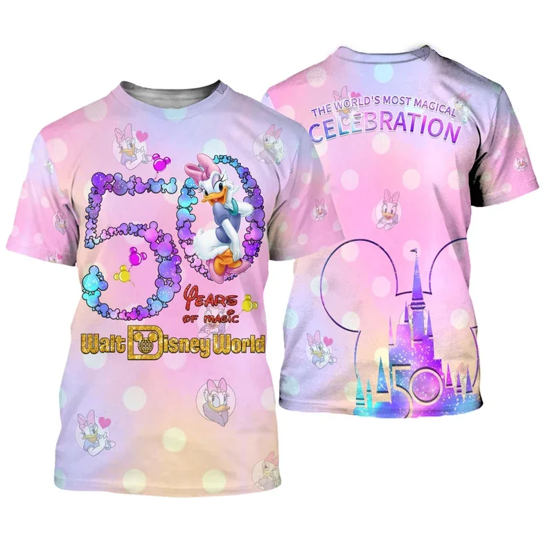 

Daisy Duck Pink Purple Castle Mickey Head Disney 50th Anniversary Unisex Casual T-shirts Outfits Clothing Men Women Kids Toddler