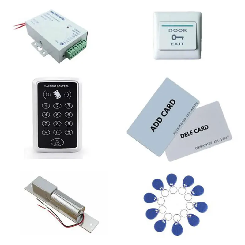 

Комплект контроля доступа, контроллер доступа клавиатуры Em/ ID + питание + Блокировка болтов + кнопка выхода + 2 карты управления, 10 идентификационных бирок брелока, Sn:Set-2