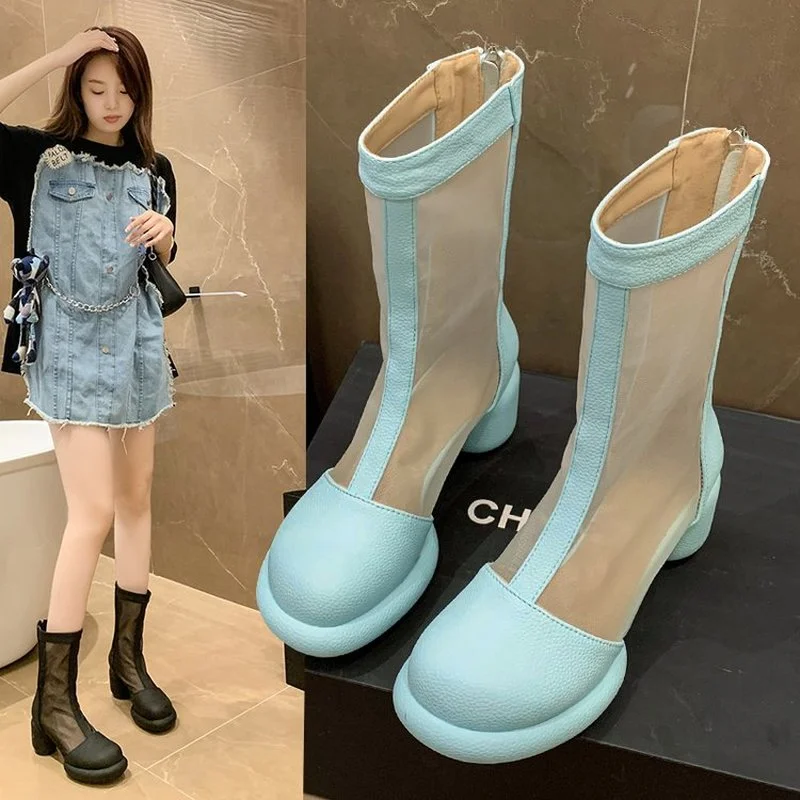 

2022 New Ladies Square Toe Super High Heel Summer Boots Solid Color Fashion Sunscreen Rear Zipper Comfortable Ankle Boots