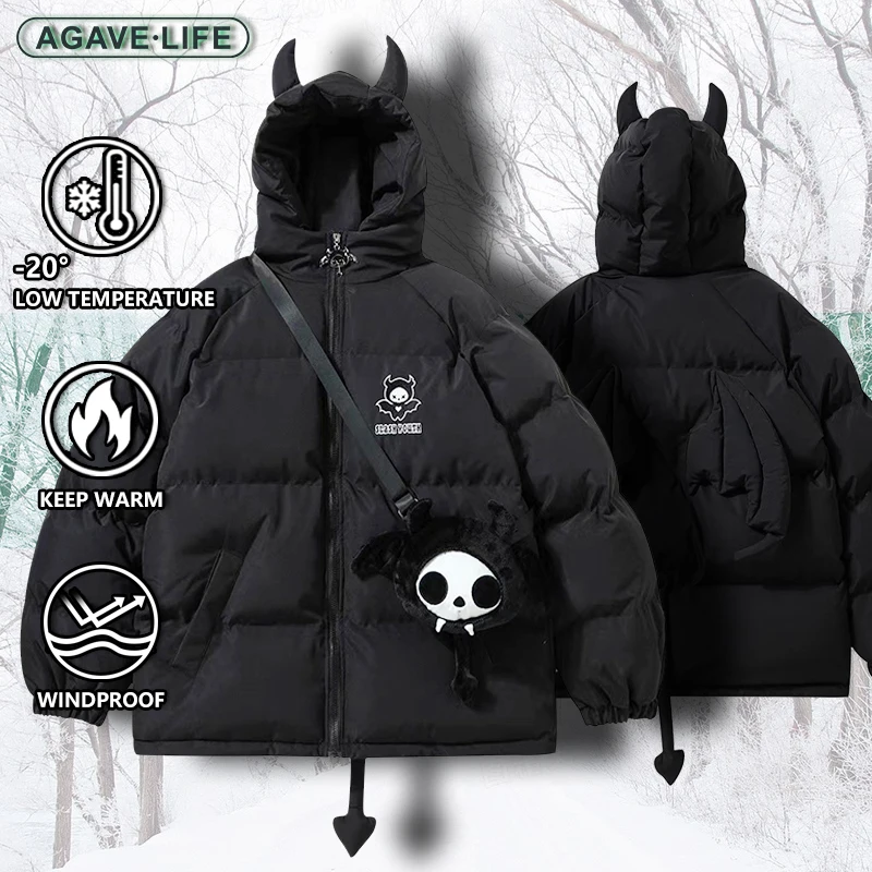 

Куртка унисекс в стиле Харадзюку, уличная дизайнерская с капюшоном, с дьявольскими рожками, с хвостом, теплый пуховик с куклой