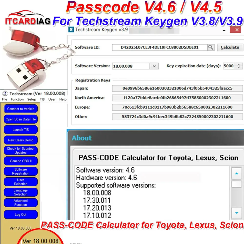 Фото PASSCODE V4.5/V4.6 для Techstream V18.00.008 и программное обеспечение для регистрации активации Techstream KEYGEN 3.9 для Toyota/Scion/Lexus №1