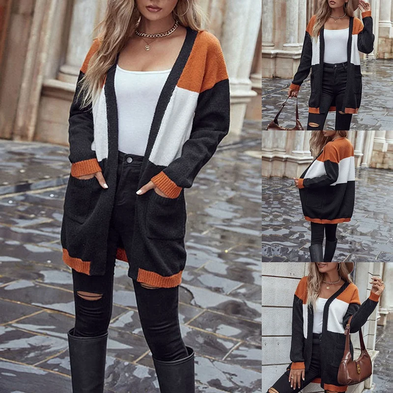 

Womens Cardigan Color Block Striped Cardigans Long Sleeve Open Front Casual Knit Sweaters Coat Outwear Black White
