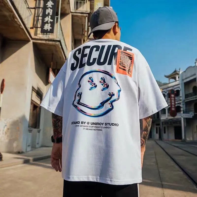 

Guochao hip hop short sleeve men's oversize handsome couple's T-shirt fashion street half sleeve loose five point sleeve men