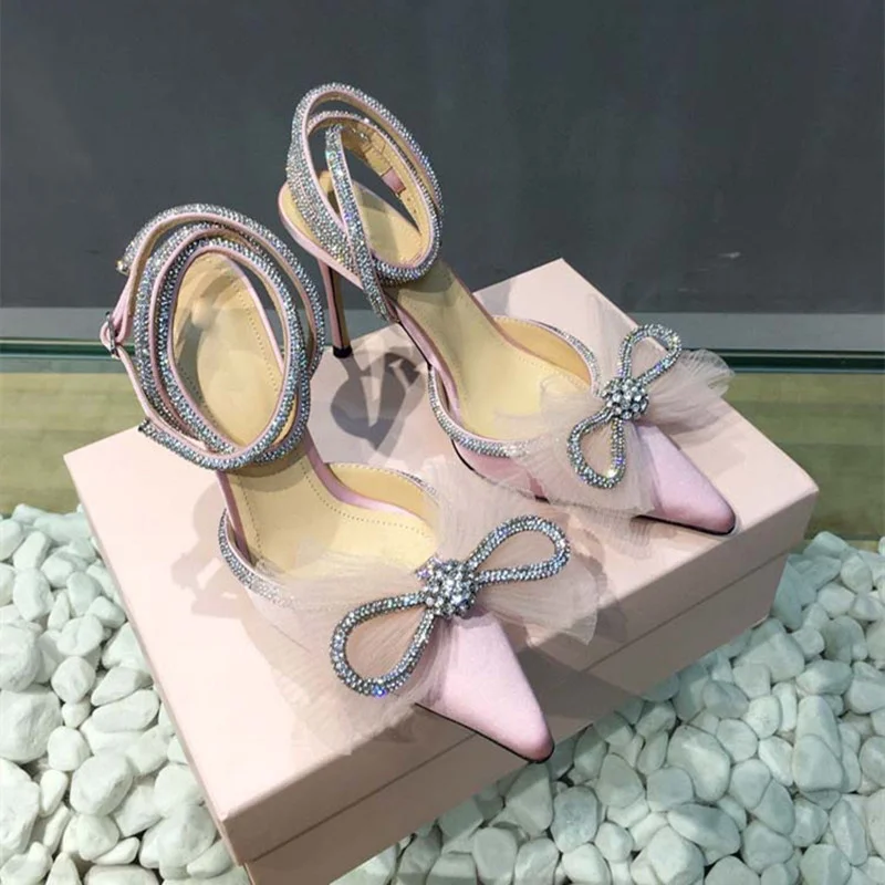 

Brand Fashion Big Bowknot Women Pumps Luxury Crystal Satin High heels Party Prom Shoes Ankle Strap Summer Wedding Bridal Shoes