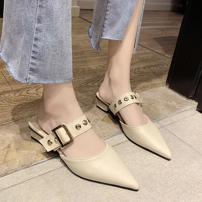 

Women's Buckle Half Slippers Spring/Summer Pointed Toe PU Black Beige Female Casual Solid Mules Low Heel Outside Wear Slides