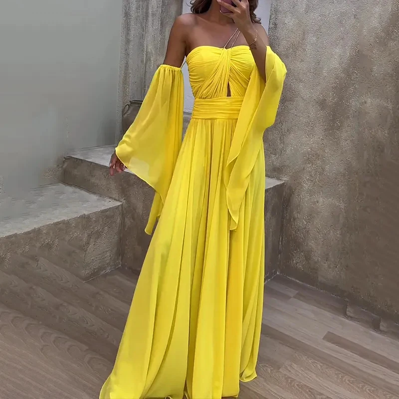 

New Strapless Bandage Pleat Evening Dress Women Spring Off Shoulder Flare Sleeve Long Dress Fall Backless Hollow Slit Maxi Dress