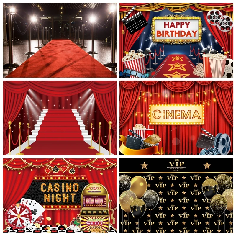 

Red Carpet Backdrop for Birthday Party Decor Film Cinema Movie Poker Playing Card Casino Photographic Background Photo Studio