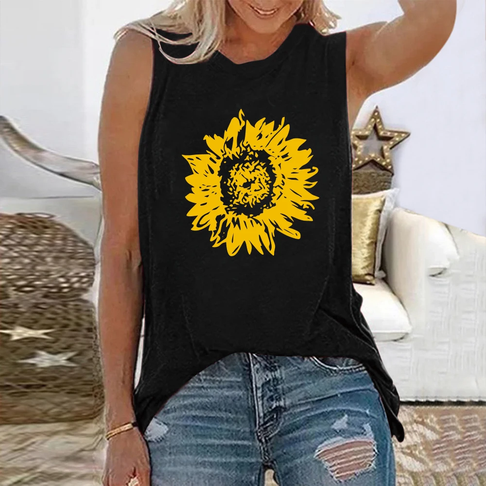 

Seeyoushy Harajuku Sleeveless Women T-shirt Sunflower Print Summer Tee Shirt Femme Aesthetic Streetwear Round Neck Tops