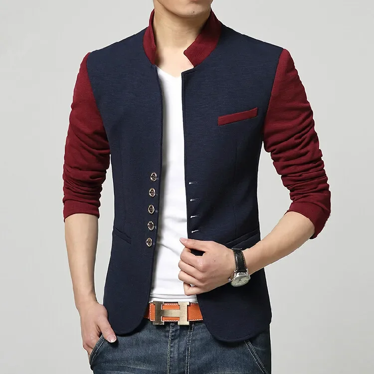 Мужской повседневный приталенный пиджак с воротником-стойкой и цветными блоками