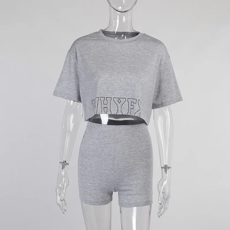 Y2k Cotton Loungewear Short Suits Tracksuit Sweat Suits Letter Crop Top and Biker Shorts Matching Sets Women Gray 2 Piece Set