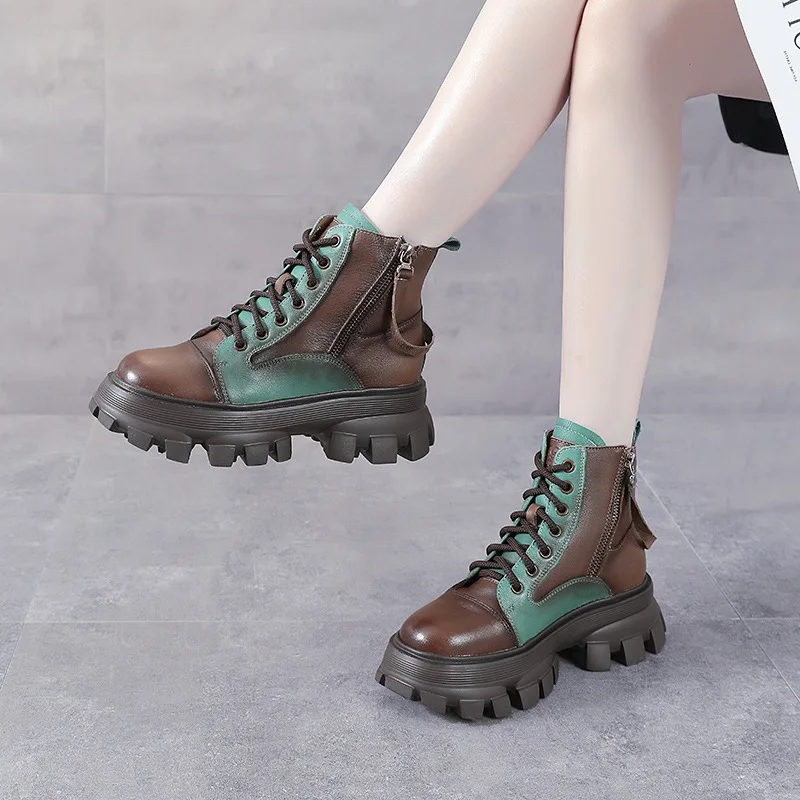 Autumn and Winter New Genuine Leather Brushed Casual Martin Women's Boots Colored Back Zipper Single Boot Thick Sole Boots