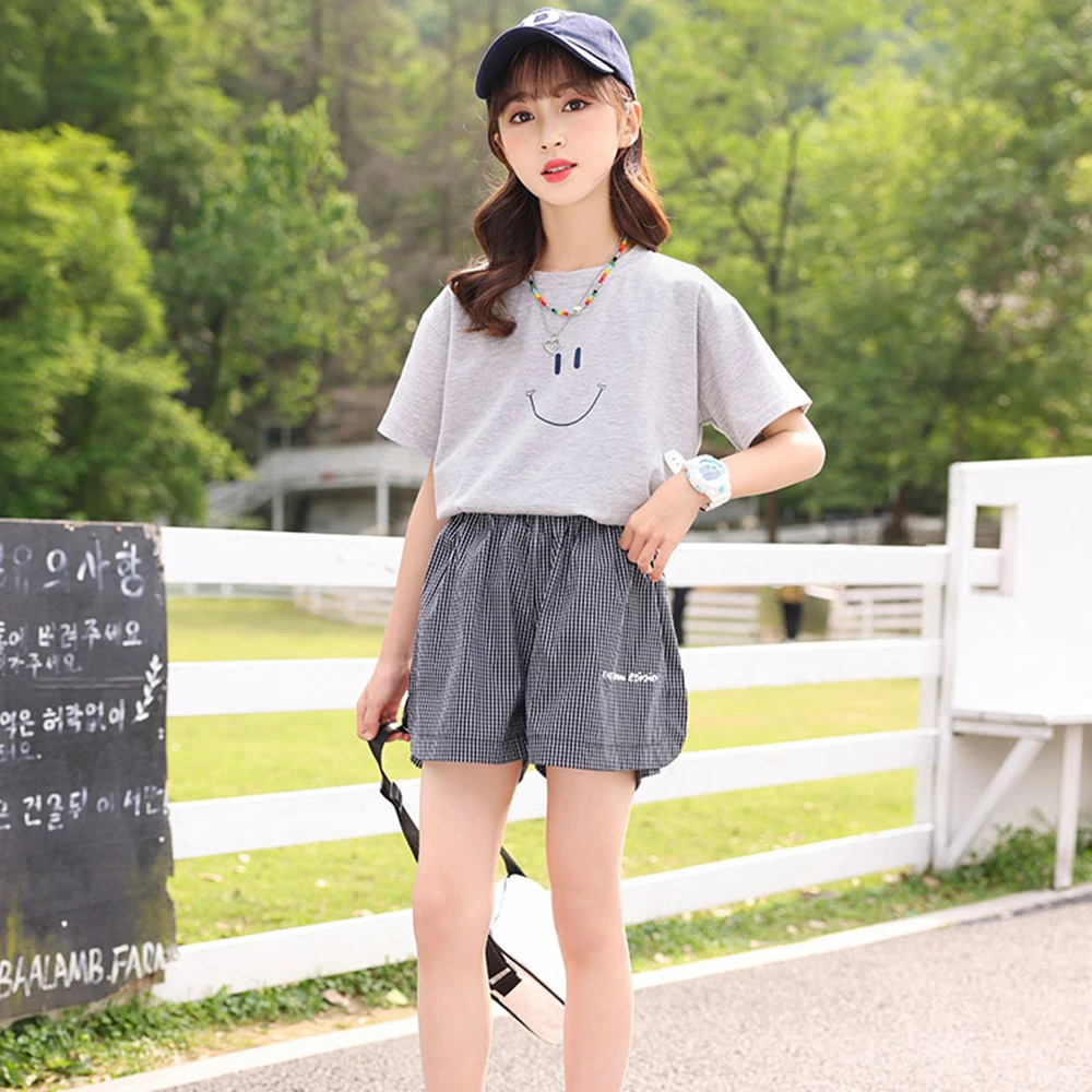 

Summer Girls Casual Set 4-12y Girls Boutique Outfits Fashion Cute Gray Short-sleeved T-shirt Shorts Sports Suit for Kids Teens