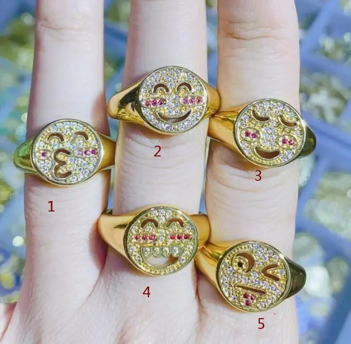 

1pcs Colorful Enamel expression Chunky Bohemian smiley Rings Wide Gold Big CZ Eternity Open Band Rings For Women