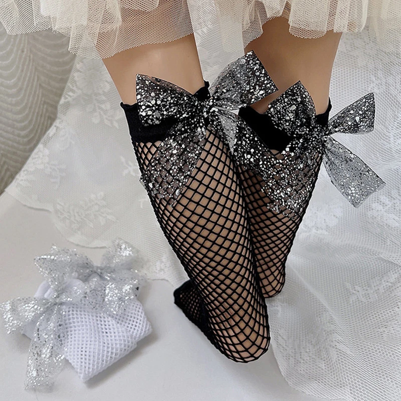 

Baby Girls Casual Sweet Knee Length Socks Fashion Sequins Bow/Pearls Hollow Out Fishnet Socks for Kids 1-5 Years