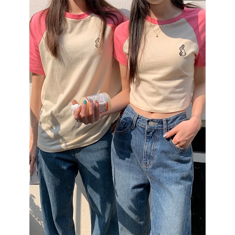 

Vintage raglan sleeve embroidered short sleeve T-shirt round neck contrast short top female