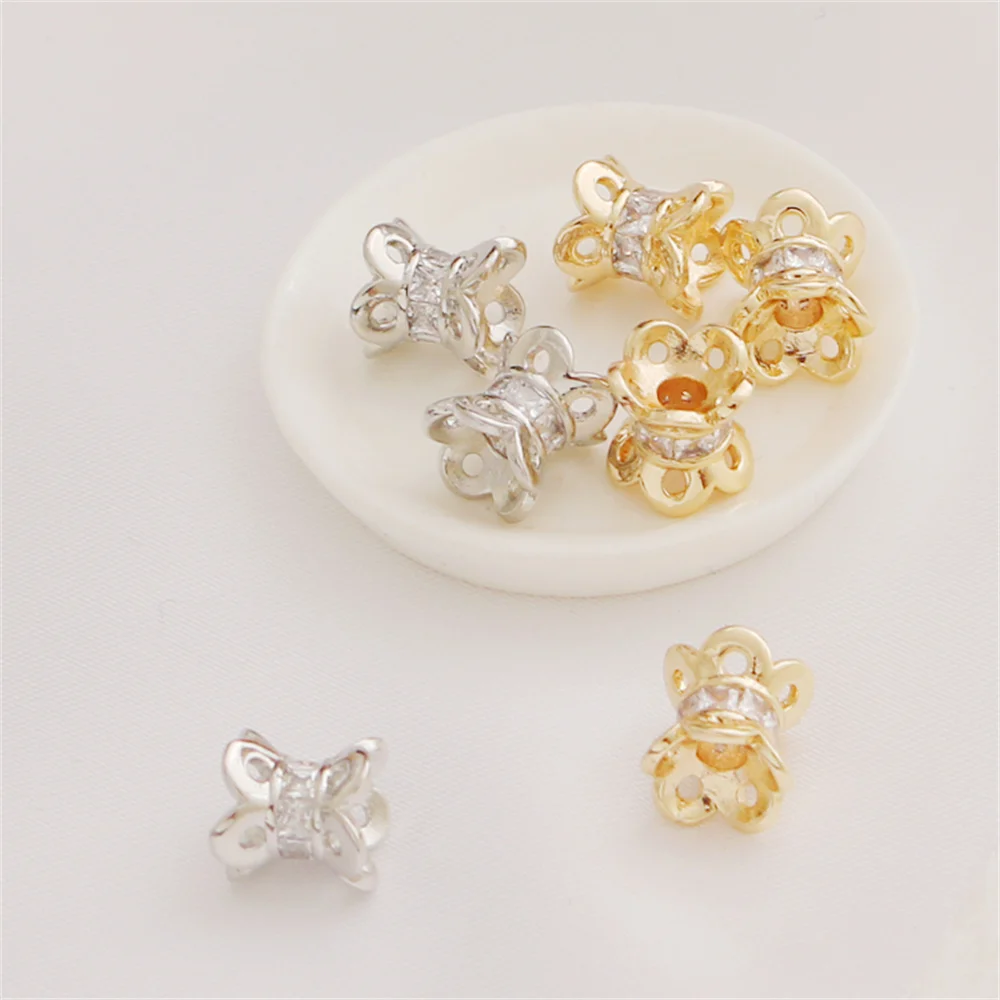 

14K Gold Plated Zircon White K Double Sided Flower Holder Barrel Beads 8mm Separable Diy Bracelet Necklace Handmade Jewelry
