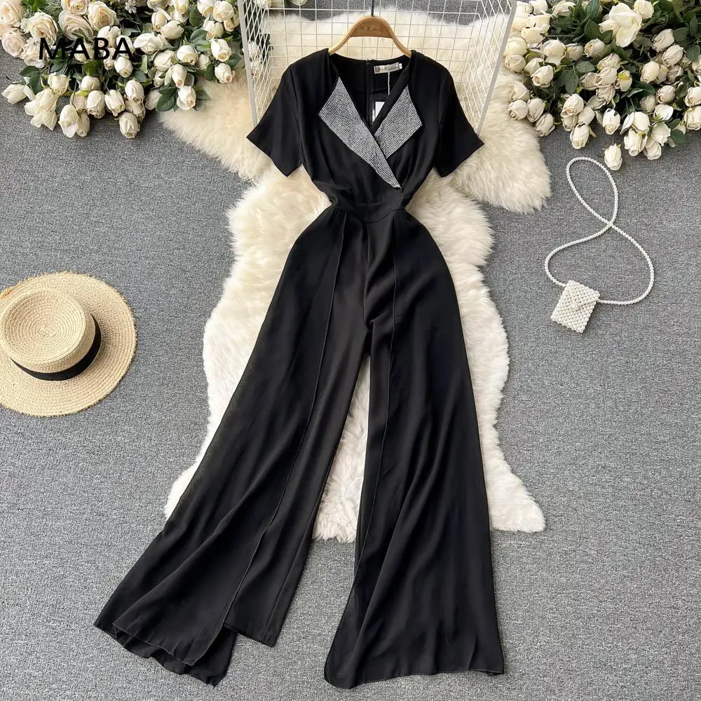 

Women Summer Short Sleeved Wide Leg Office Jumpsuits Fashion Elegant V-neck High Waist Black Patchwork Full Length Jumpsuits