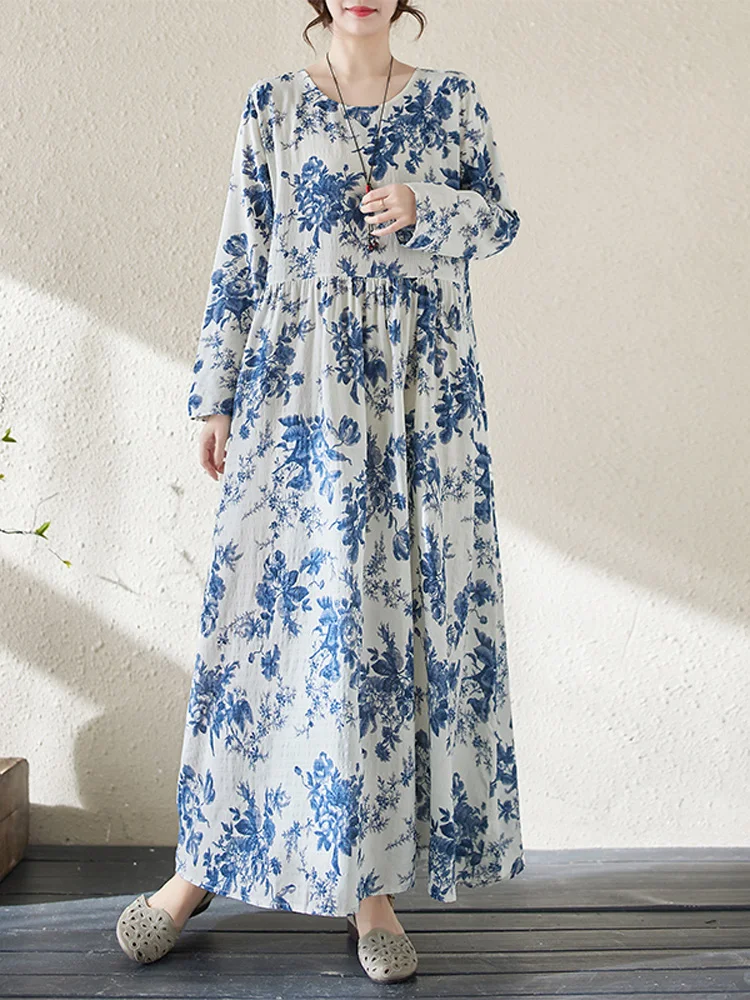 Женское винтажное платье NYFS Длинное свободное из хлопка и льна с принтом для