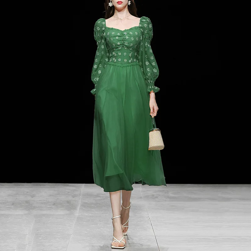 

Vintage Lantern Sleeve Mesh Patchwork Summer Dress Women 2022 Runway Designers Elegant Floral Pleated Midi Dresses
