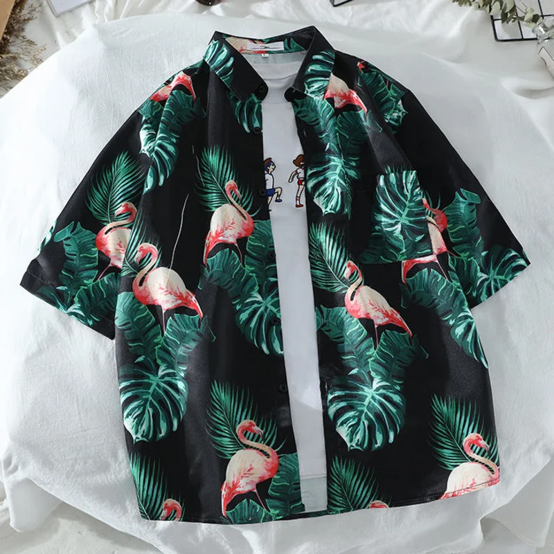 

Mens Hawaiian Shirts Palm Summer Leaf Flamingo Printed Revere Collar Short Sleeve Shirt Tops Fashion