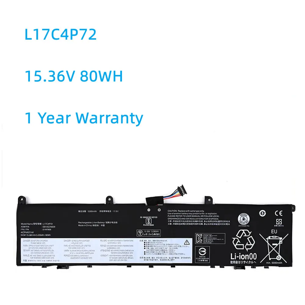 

L17C4P72 L17M4P72 15.36V 80WH Laptop Battery For Lenovo ThinkPad X1 Extreme Gen 1 2 For ThinkPad P1 1st 2nd Gen 01AY968 01YU911