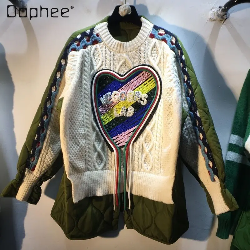 

Женский хлопковый пуловер с вышивкой сердечками, свободный свитер с длинным рукавом и круглым вырезом, Осень-зима