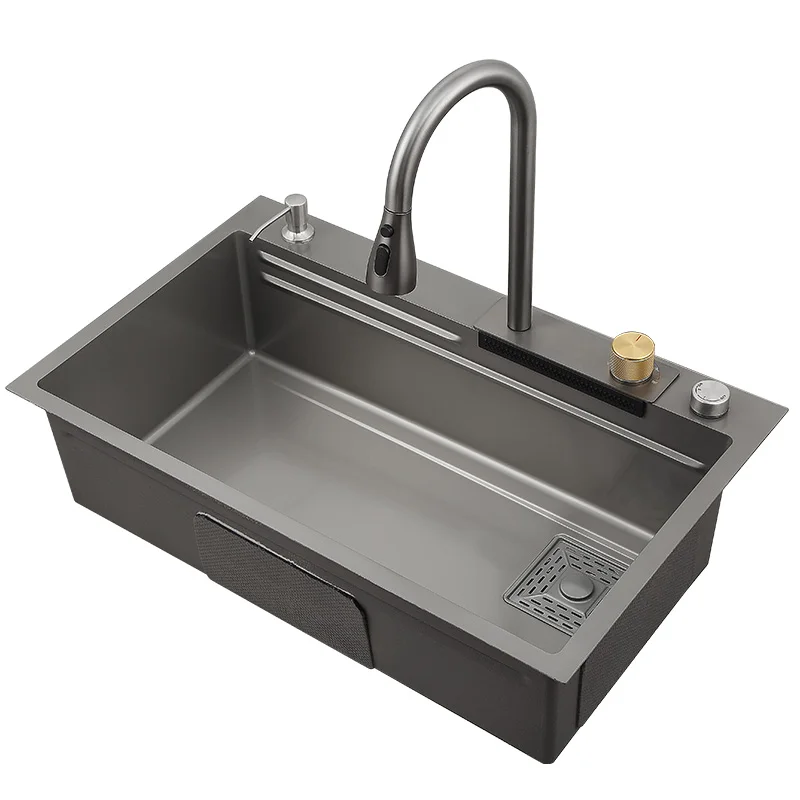 

HM-7546R Waterfall Kitchen Sink Black Nano Handmade Single Modern Stainless Steel Waterfall Kitchen Sinks Smart Kitchen Sink