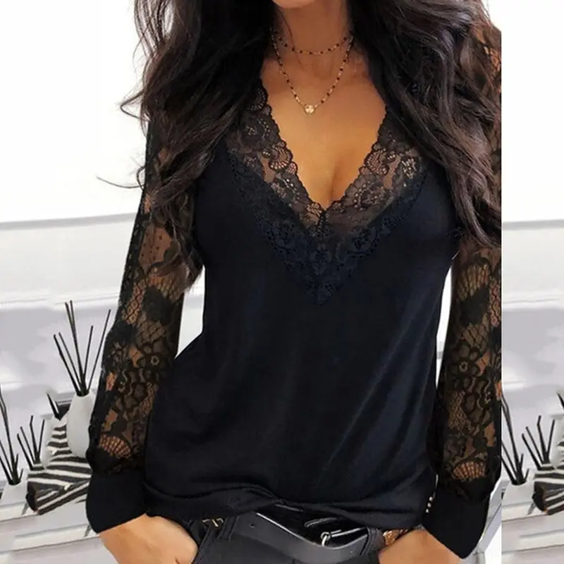 Casual V-neck Lace Long Sleeve T-shirt for Women Spring Winter Clothes Sexy Solid Color Black Tee Shirt Office Lady Top