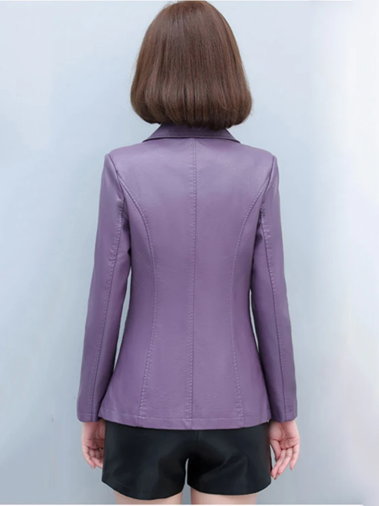 New Women Leather Blazer Spring Autumn Fashion Casual Suit Collar Long Sleeve Slim Waist Sheepskin Jacket Split Leather Coat