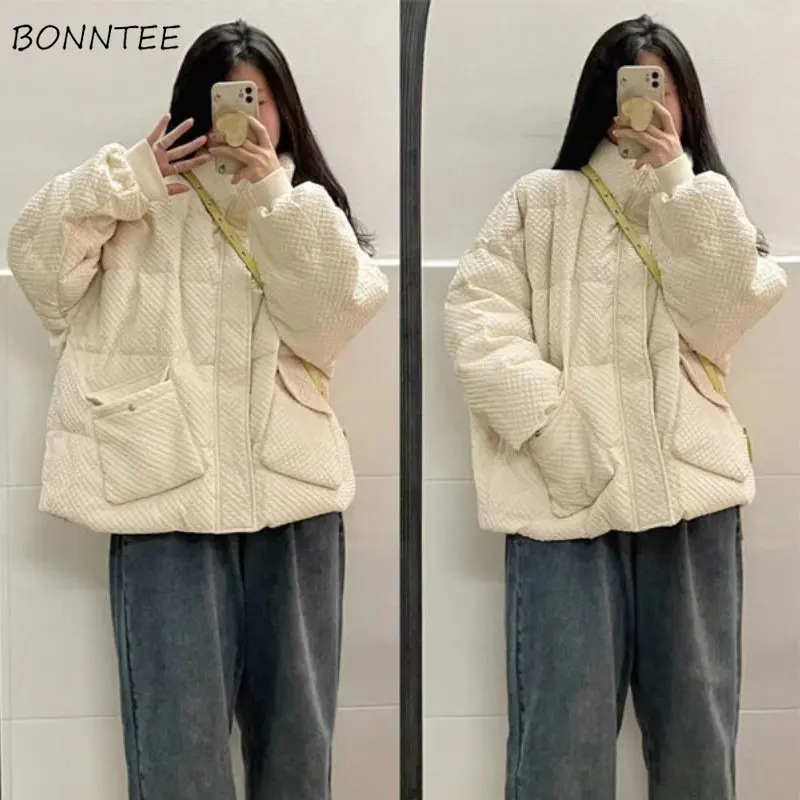 

New Arrivals Parkas Women Winter Soft Loose Overcoat College Pockets Vintage Simple Leisure Girls Ins Fashion OOTD Korean Style