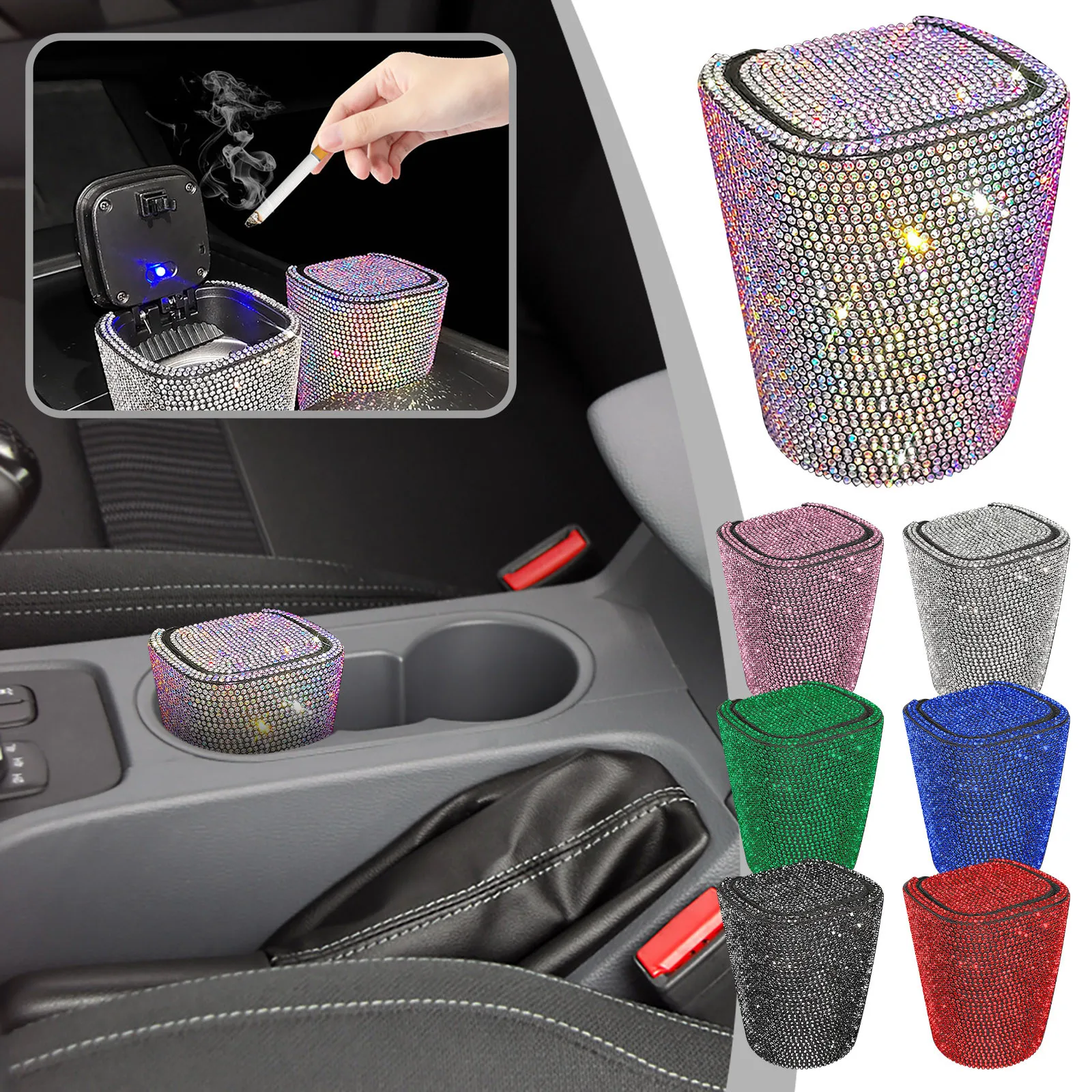 

Rhinestone-studded LED Car Ashtray Electronic Ashtray Full of Diamonds Cigar Ashtray Bling Car Assessoires Interior for Women