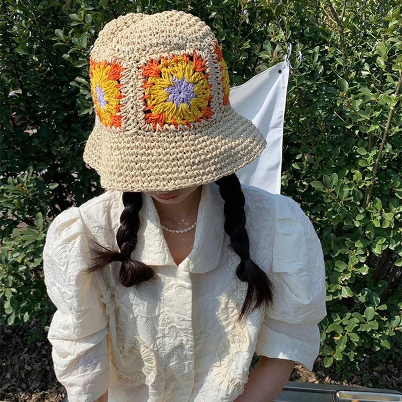 Летняя пляжная шляпа от солнца для женщин женская однотонная плетеная с цветами