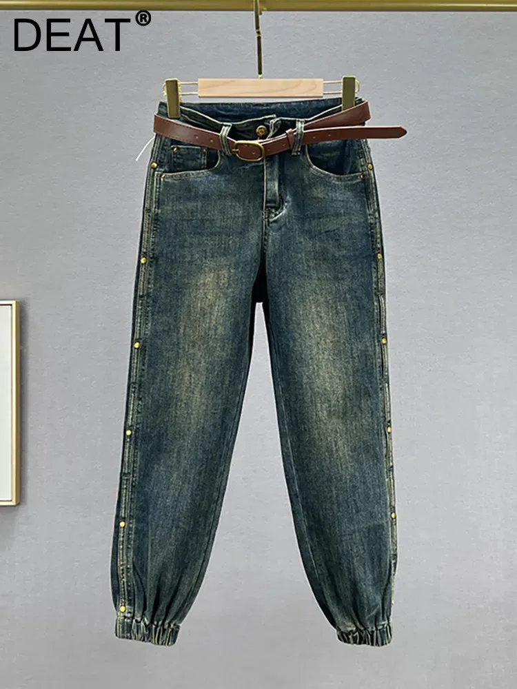 

Женские джинсы с завышенной талией DEAT, облегающие синие брюки до щиколотки с заклепками, стирка до щиколотки, осень 2023, 29L4064