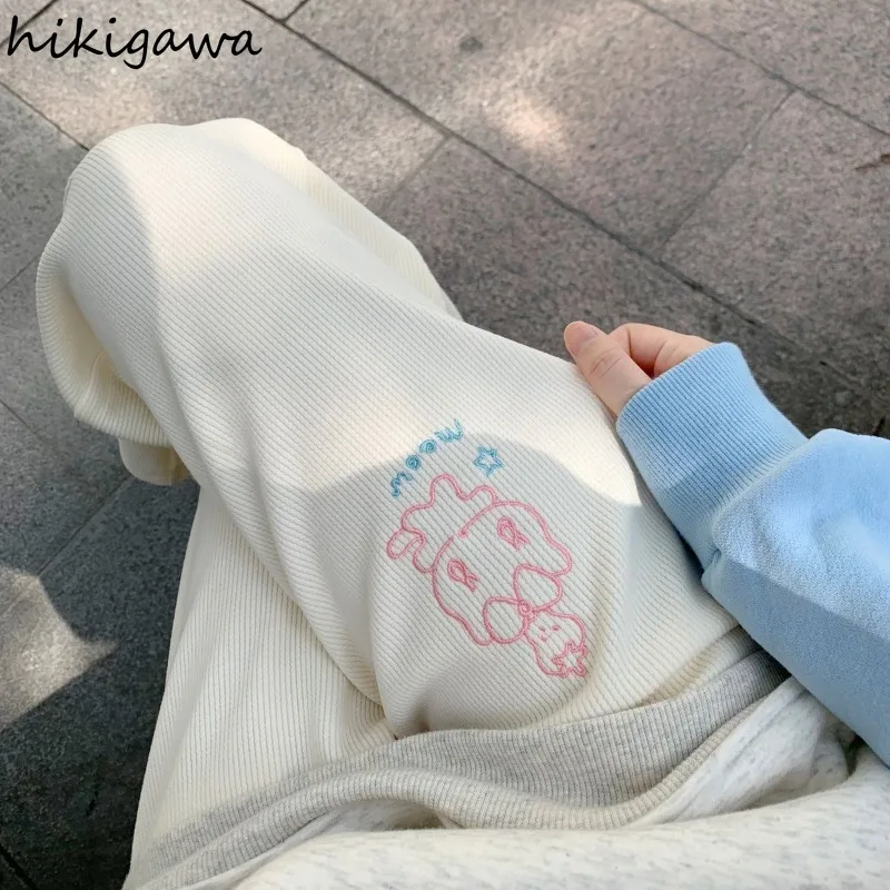 Женские широкие брюки с вышивкой кошки винтажные толстые вельветовые высокой