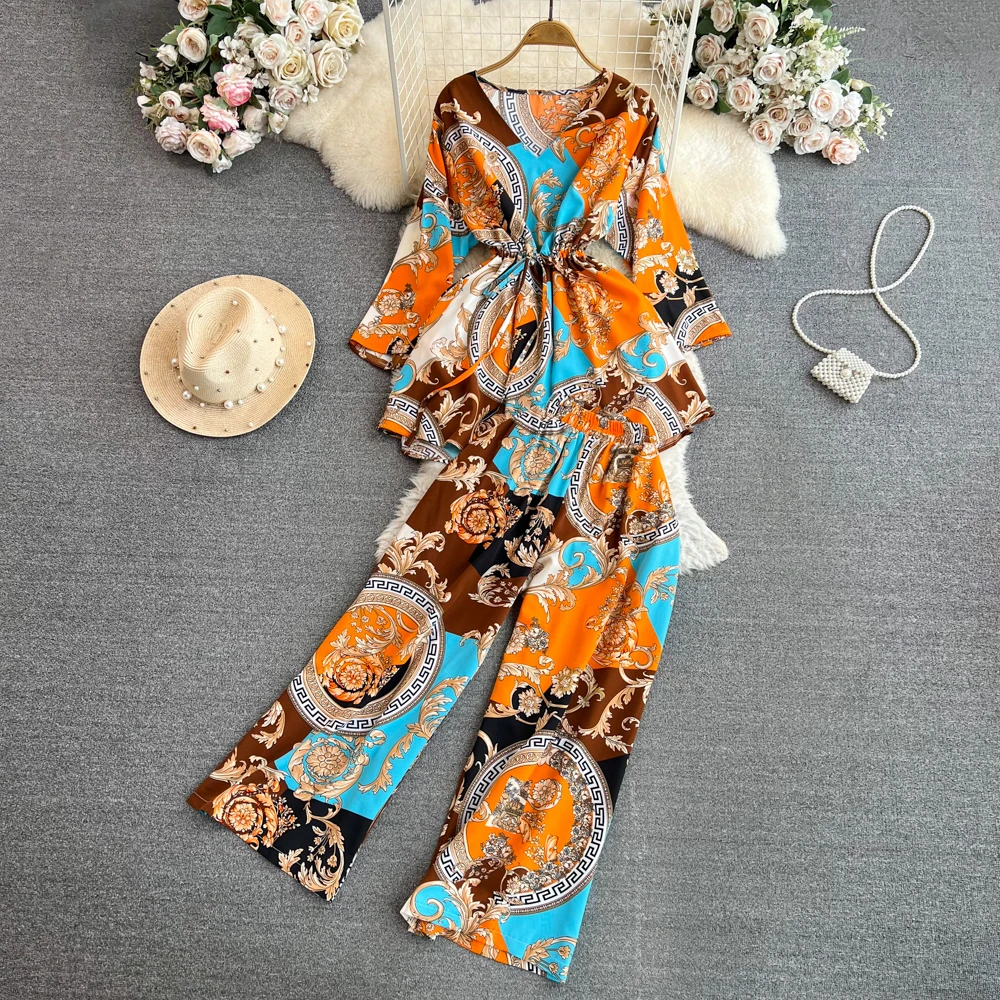 

Spring Autumn Korean Fashion Retro Sets For Women Long Sleeve V-Neck Waist Tie Up Print Top Two Piece High Waist Wide Leg Pants