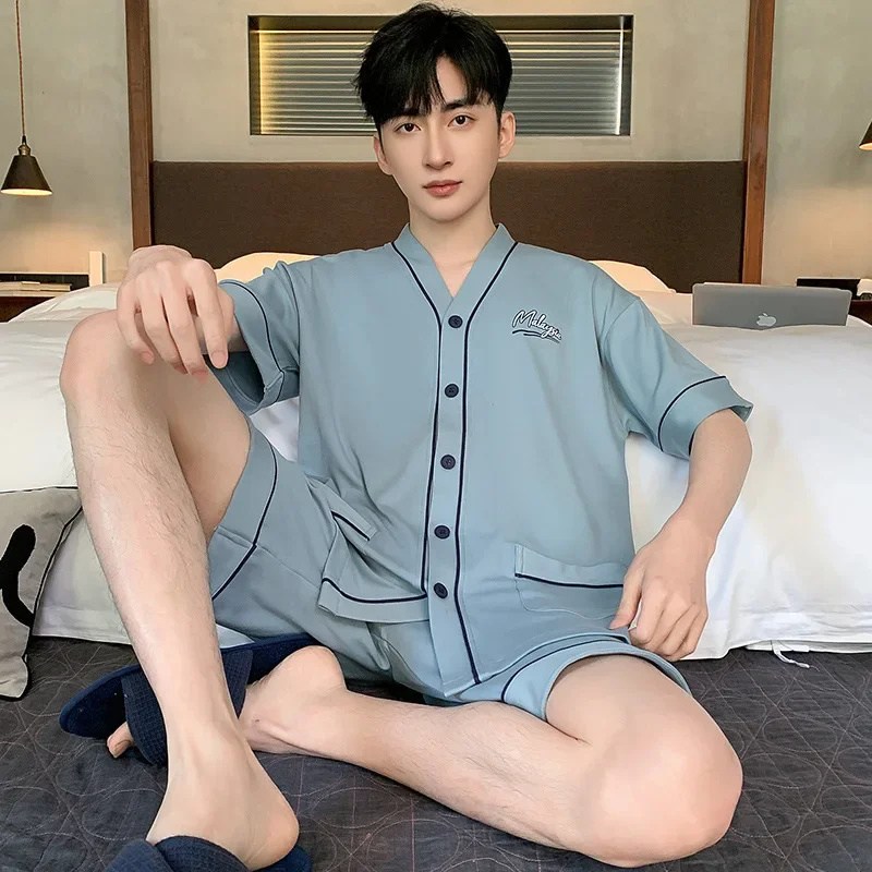 Летние мужские пижамы комплект из 2 предметов тонкий хлопковый с короткими