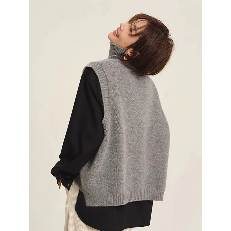 French sle Mori look Gray Knit sweater Vest Women Autumn and Winter Turtleneck Waistcoat Stacked Outer Wear Idle Sle...