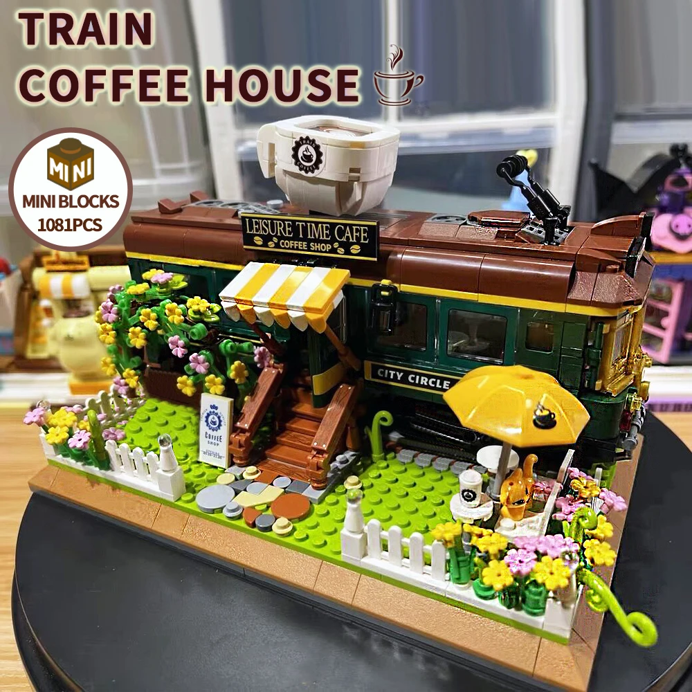 

Mini 1081pcs Train Coffee House Cafe Corner Street View Building Blocks Modular House Model Bricks Toys for Children Gifts