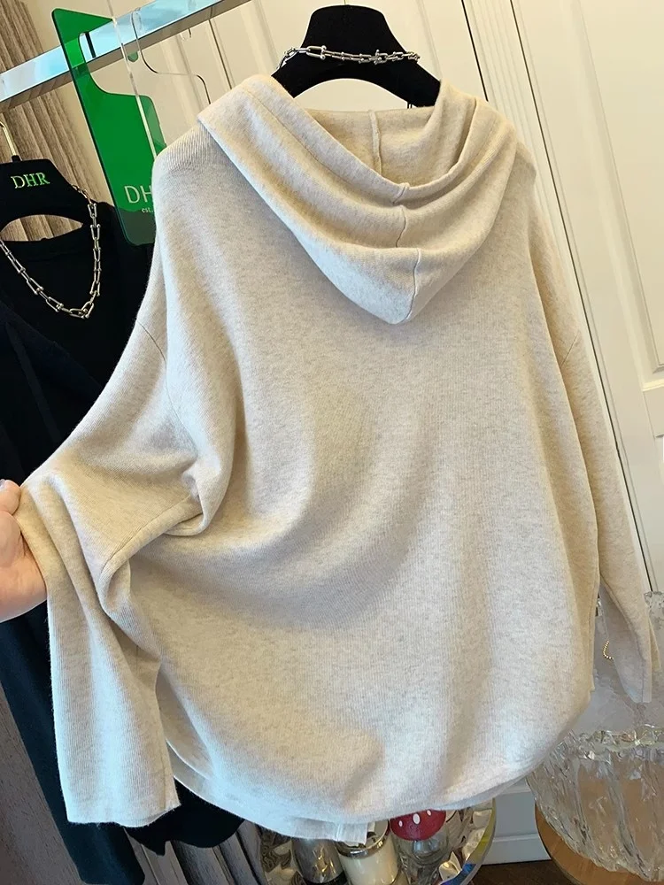 Plus Size Extra Large 50.00kg Chubby Girl Cardigan Hood Fleece Knit Outerwear Women Autumn and Winter Loose Sweater Top Clothes