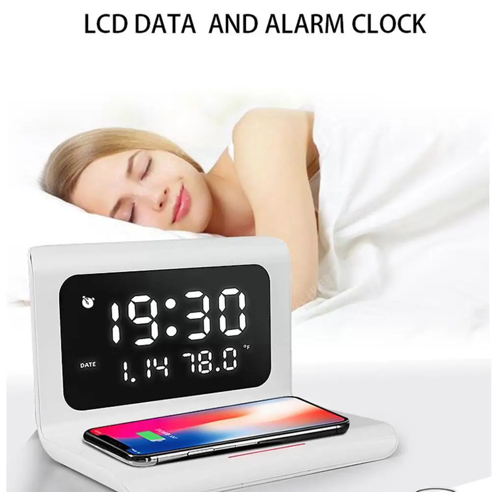

Multi-Function USB-C Alarm Clock With Wireless Charger Thermometer LED Night Light Bedroom Desk Lamp For IOS Android Q8I2