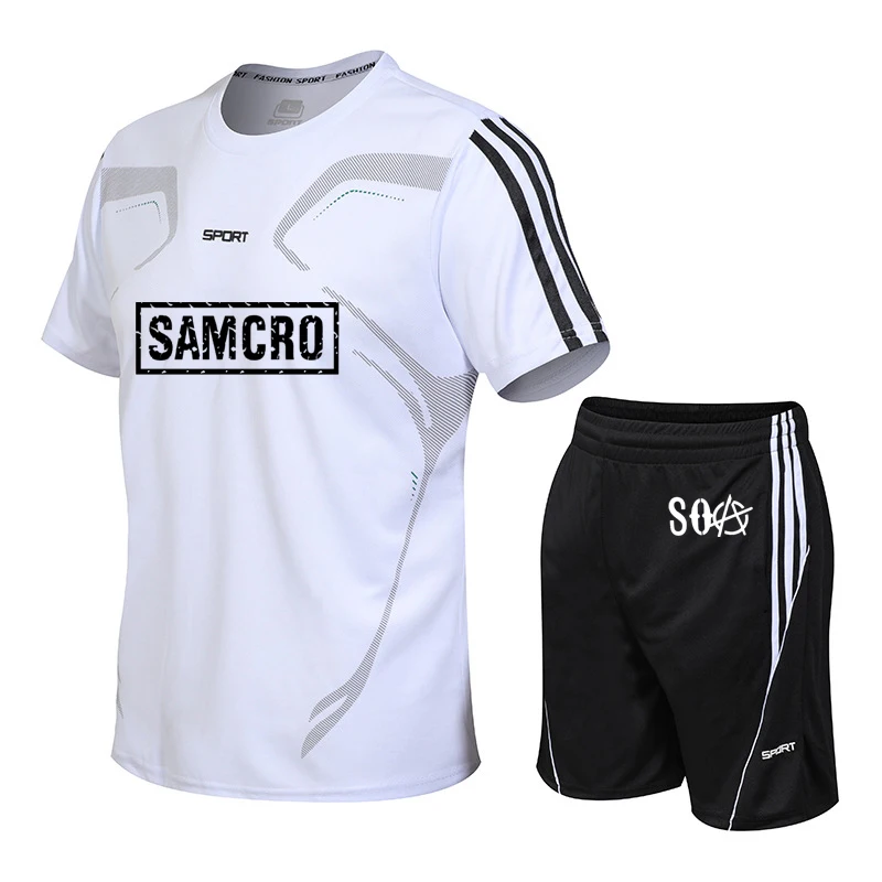 

NEW high quality cotton Summer Men's suits SOA Sons of Anarchy SAMCRO printing Men's short sleeve+shorts 2-piece set