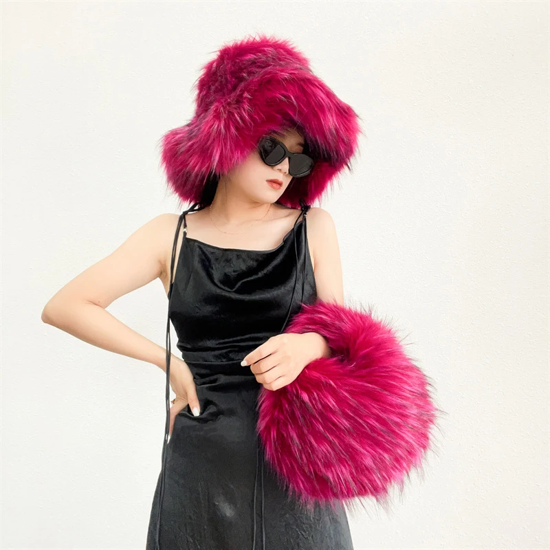 

Winter Plush Bucket Hat Imitation Raccoon Fur Hat Women's Thickened Warm Caps Colorful Furry Fisherman Hat Apparel Accessories