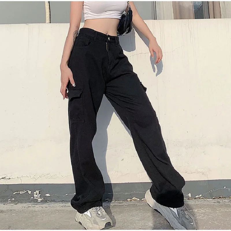 Vintage High Waist Loose Street Multi Pocket Cargo Pants Straight Casual Pants Jeans Y2K Streetwear Korean Clothing Women 2023