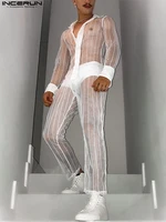 incerun 2022 fashion casual party suit 2 pieces sexy leisure men sets long sleeve shirts long pants see through mesh suits s 5xl