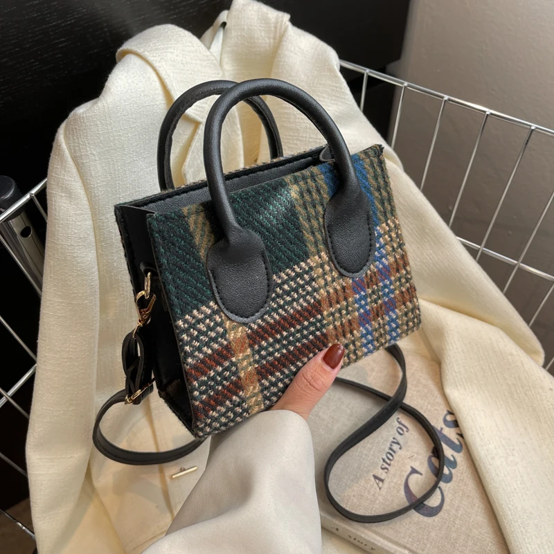 

Retro Lattice Women Portable Small Square Shoulder Bags Contrasting Color Ladies Crossbody Bags Female All Match Purse Handbags