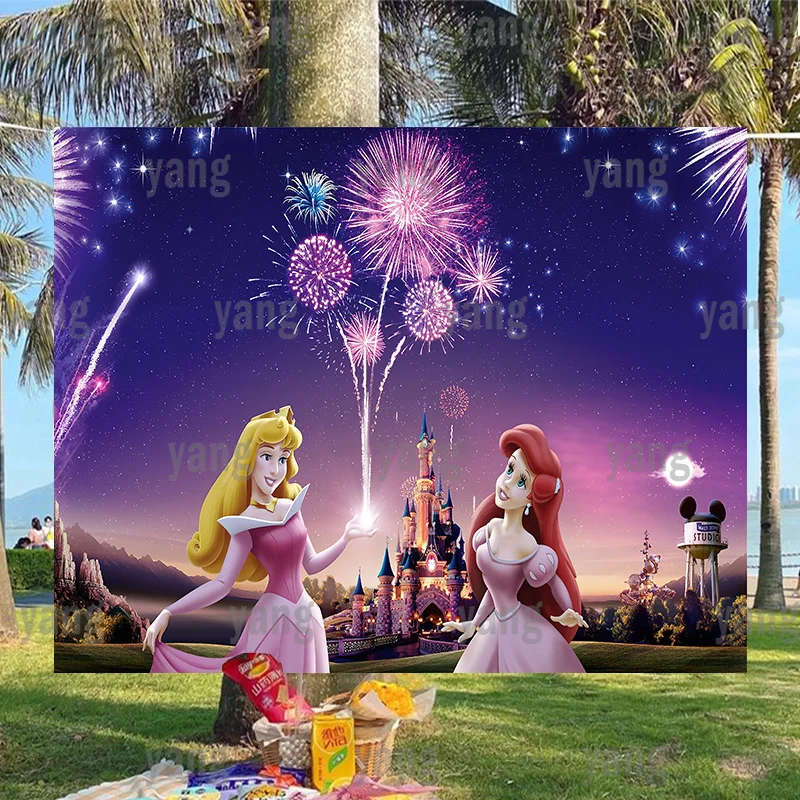 

Lovely Cartoon Happy New Year Fireworks Backdrop The Little Mermaid Ariel Sleeping Beauty Aurora Photography Background Party