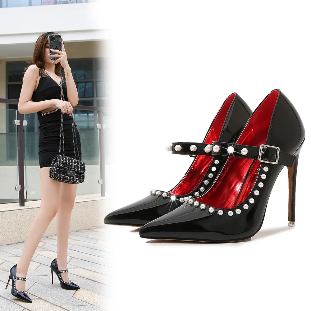 

MAIERNISI Brand Custom Plus Size 44 45 46 Women Pumps Elegant Pearl Catwalk Runway Buckle Shallow Heel Heels New Mary Jane Shoes