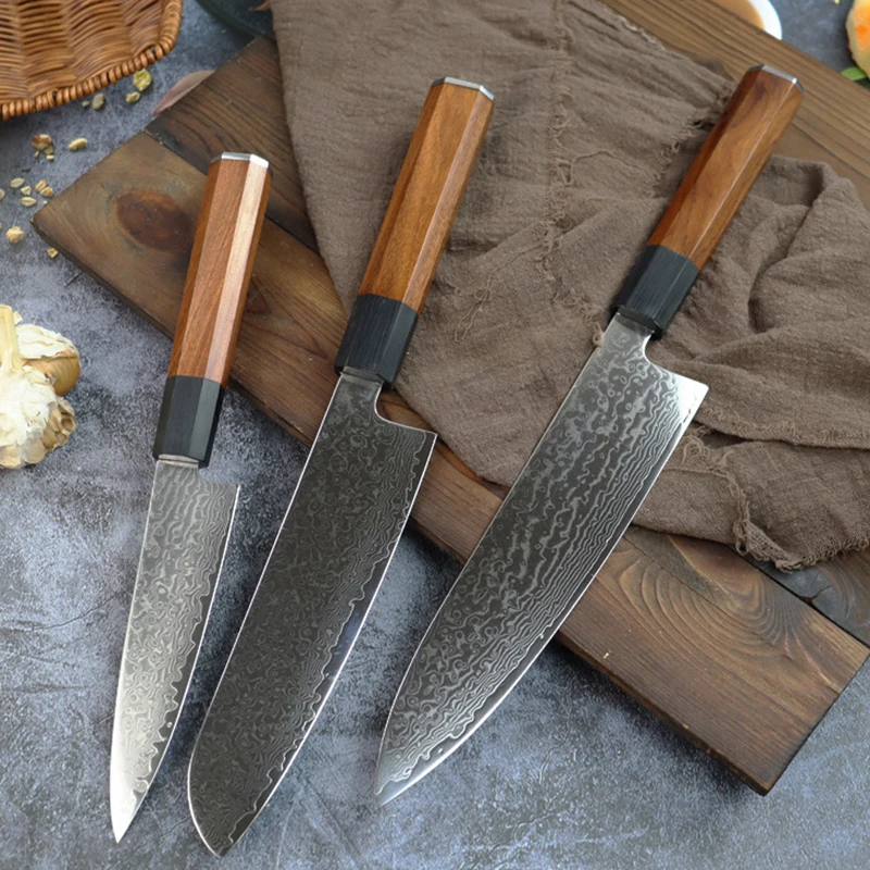 

Damascus Kitchen Knives Set 67 Layer Damascus VG10 Steel Sharp Cleaver Gyutou Santoku Slicing Utility Chef Knife Rosewood Handle