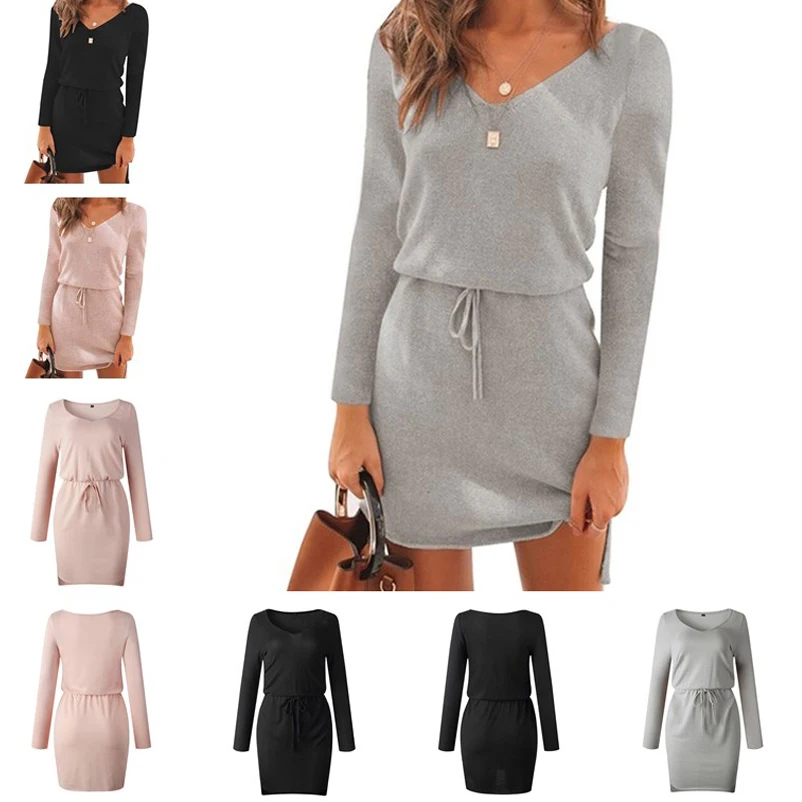 

Women Sashes Dress Long Sleeve Casual Pink Black Gray Slit Mini Dress V Neck Spring Autumn Knitted 2022 Short Dresses Vestidos